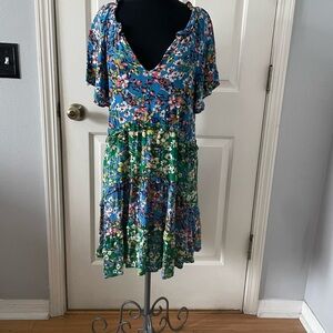 Anthropologie Robin Floral V-Neck Dress - Blue and Green Tiered Boho  Size M